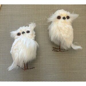 Set of 2 White Feathered Owls Glass Eyes Glitter Christmas Ornament Floral Arran